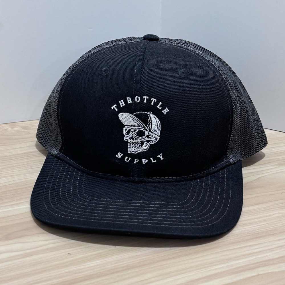 Throttle Supply Flat Bill Trucker Hat Skull Wearing Cap Hat Black Port Authority
